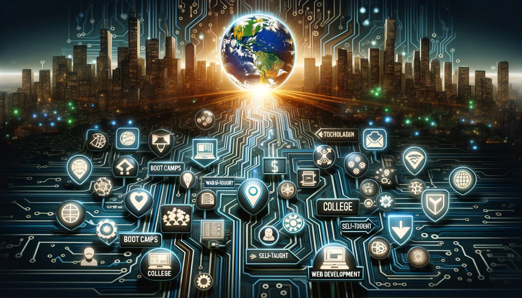 Digital collage of diverse pathways labeled 'Boot Camps', 'College', 'Self-Taught', and 'Web Development' leading to a central glowing globe of technology, surrounded by icons of coding, data, and design against a circuit board skyline.