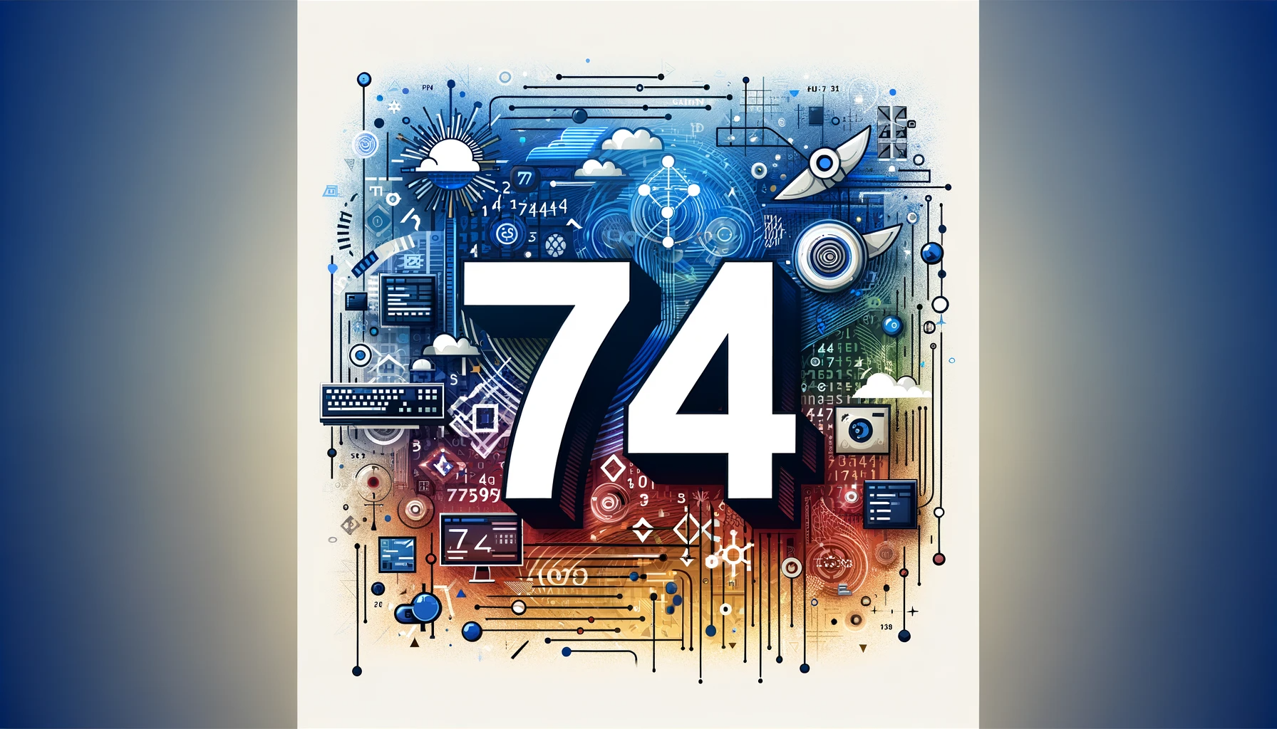 A vibrant landscape banner featuring the number '74' centered amid a digital array of coding and programming symbols, representing the 74 coding challenges across various languages in a technology-themed design.