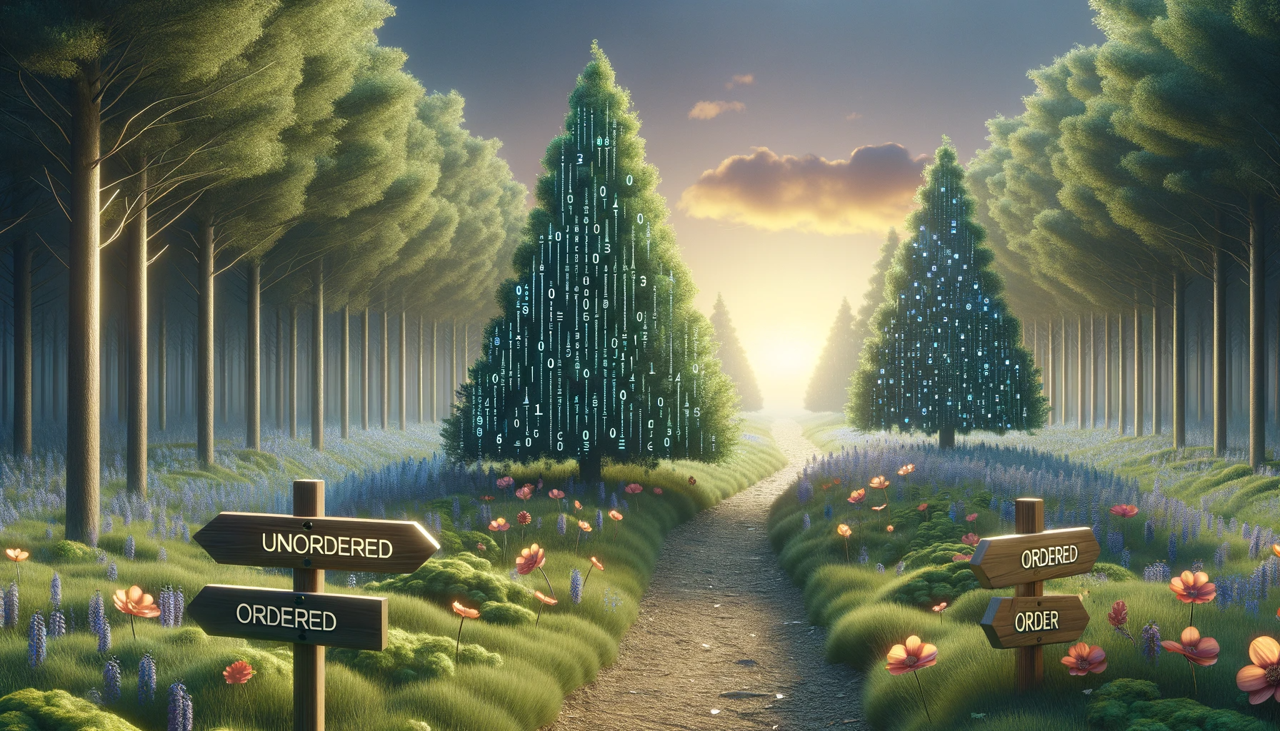 Serene landscape depicting a path forking in two directions surrounded by a lush forest, symbolizing unordered and ordered linear search, with numerical values integrated into the environment and a signpost indicating 'Unordered' and 'Ordered' paths under a sky transitioning from dawn to dusk.