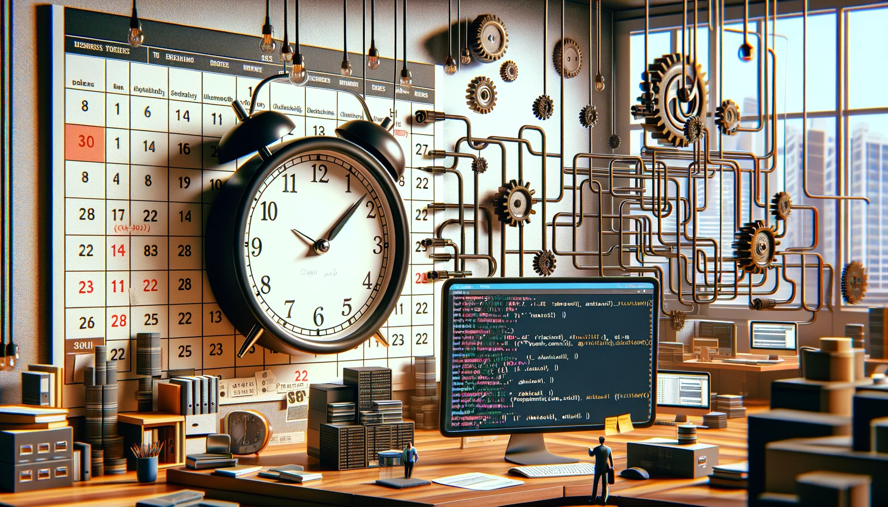 A technical office setting with a large calendar marking specific times and dates, a computer screen displaying Node.js code with 'node-cron' and 'shelljs' visible, and a clock set to a specific time. The scene includes symbols of automation like gears and a data flow from a server to a database, representing the task automation and timing precision of Cron jobs. The environment reflects organization, timing, and the seamless integration of tasks in a tech-driven workspace