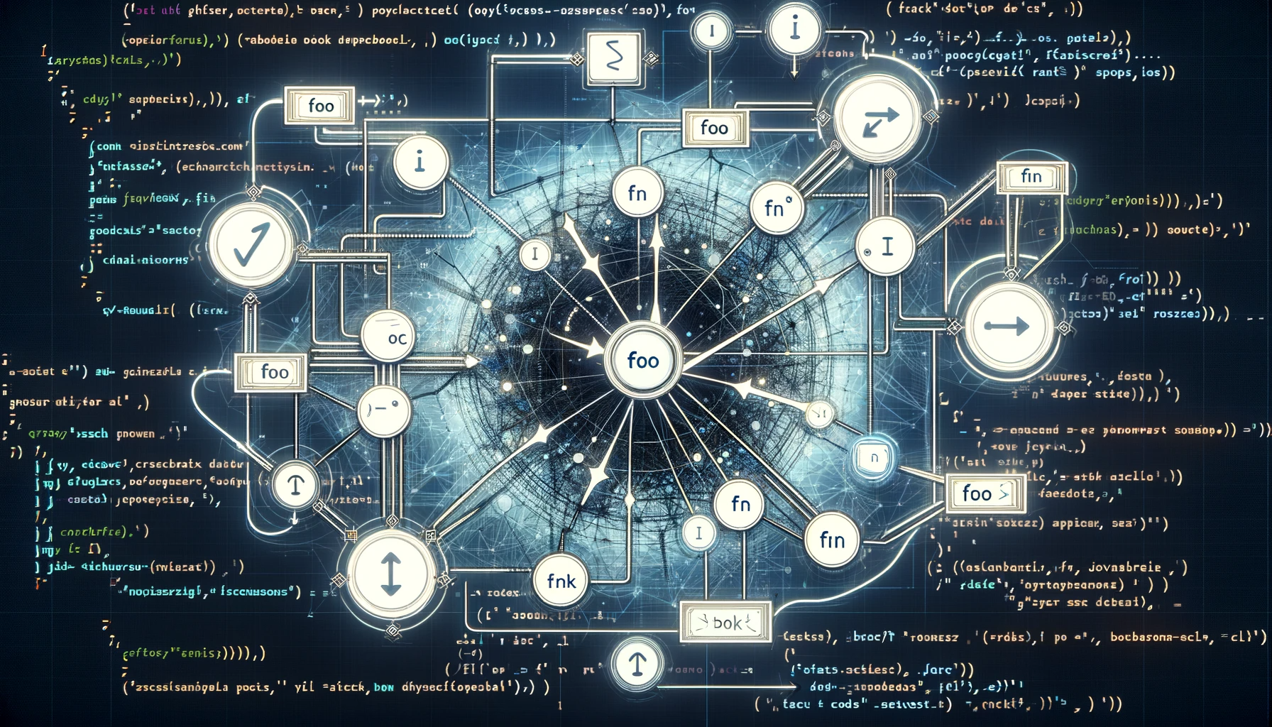 An abstract digital representation of callback functions in programming, featuring a flowchart with interconnected nodes and directional arrows on a computer screen. The central node is labeled 'foo', surrounded by nodes for 'i' and 'fn', illustrating the flow and return of data in a callback process. The background is filled with subtle JavaScript and Node.js code snippets, emphasizing the programming context. This image captures the complex nature of data flow and the interconnectedness of callback functions in a digital environment.
