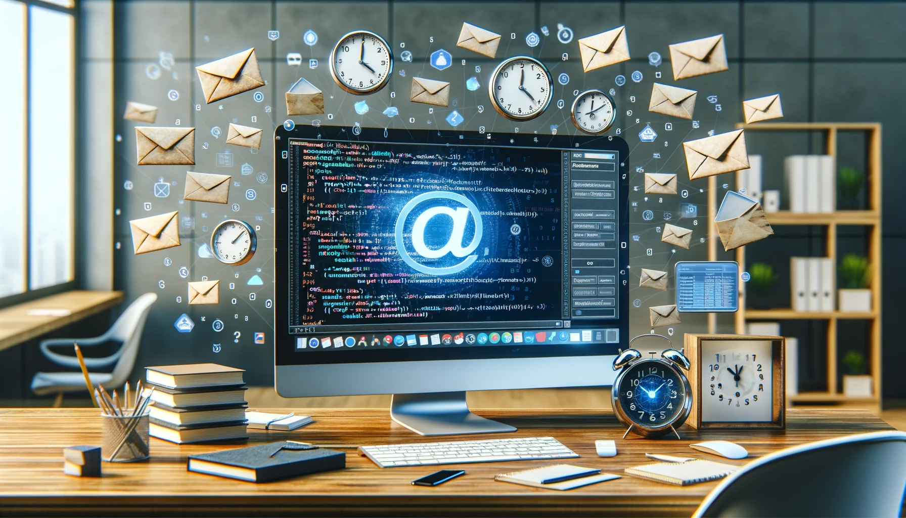 A contemporary office setting featuring a computer screen showcasing Node.js code and various email symbols, embodying the concept of email automation. The screen displays fragments of nodemailer and node-cron packages, indicative of automated email setup. Envelopes are depicted flying out from the screen, alongside a calendar with specific dates highlighted and a digital clock, symbolizing the precision and timing of scheduled emailing. The overall scene portrays a fusion of technology and efficient communication within an organized, modern workspace.