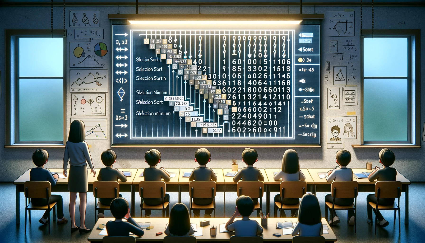 An illustrative classroom scene depicting the selection sort algorithm on an interactive whiteboard. The board shows a step-by-step array of numbers highlighting the sorting process, with each step identifying and swapping the current minimum. In the background, students and characters are engaged in learning, surrounded by mathematical symbols and sorting algorithm diagrams on the classroom walls, embodying the educational journey and comprehension of selection sort.