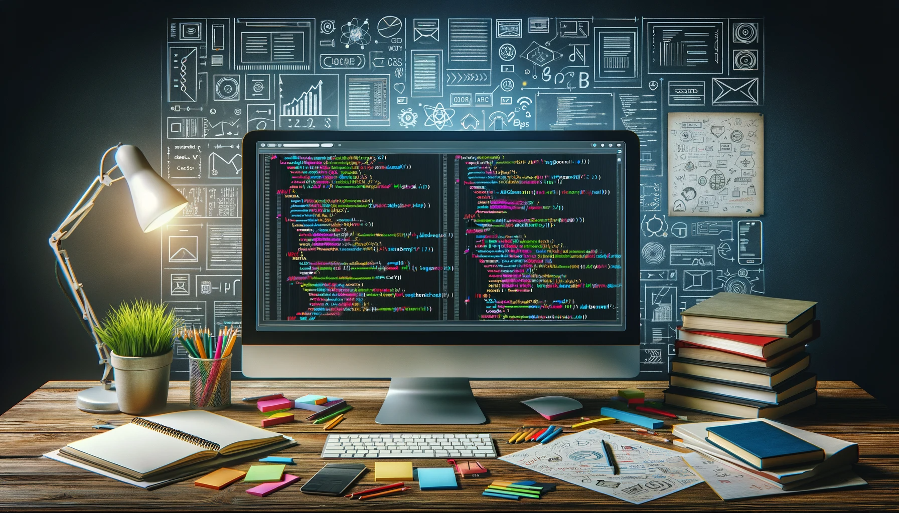 A vibrant and creative workspace featuring a computer screen displaying colorful HTML and CSS code, symbolizing the process of building a website. The surrounding area is filled with notes, sketches, and web design books, reflecting a productive brainstorming session. Subtle web symbols and digital graphics in the background embody the spirit of web development and design. The image captures the inspiration and excitement of creating something new in the digital realm.