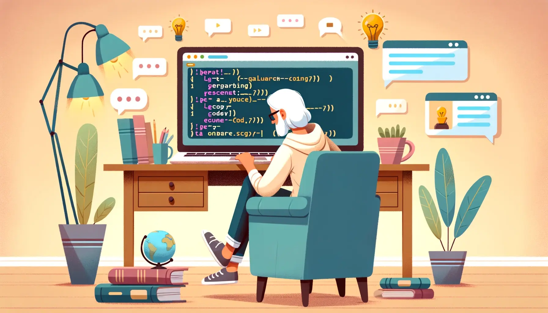 A comforting and inspiring scene of a person from a non-technical background learning to code, seated at a desk in a relaxed home setting, gazing at a laptop displaying simple code examples. Surrounding the individual are symbols of learning and growth, including light bulbs and books, with supportive chat bubbles hinting at an online community. The warm, encouraging atmosphere highlights the accessibility of coding for everyone, irrespective of their technological proficiency.