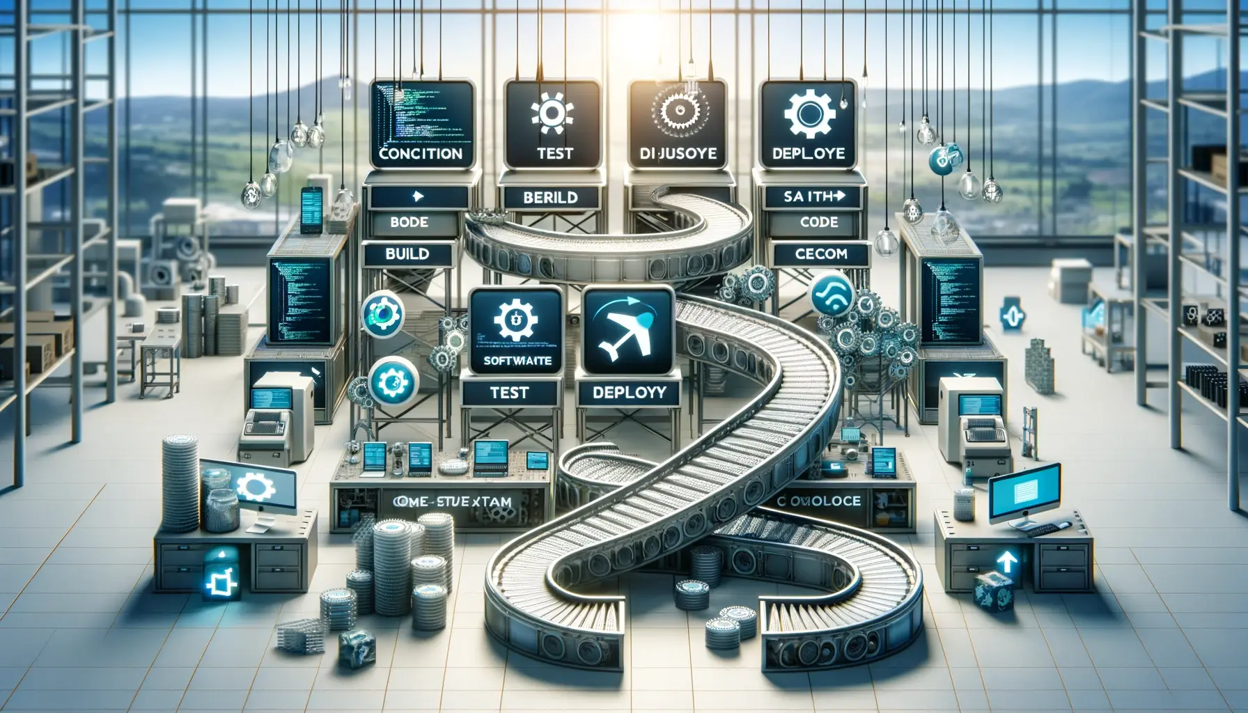 The image depicts the concept of Continuous Integration and Delivery (CI/CD) in software development, illustrating a streamlined production line with stages labeled 'Build', 'Test', and 'Deploy'. Each stage shows the progression of code being refined and improved, culminating in a final product emblematic of high-quality software. Visual elements like gears, conveyor belts, or pipelines represent the automation and efficiency inherent in the CI/CD process. The modern, tech-driven environment emphasizes the importance of speed, quality, and collaboration in software development.