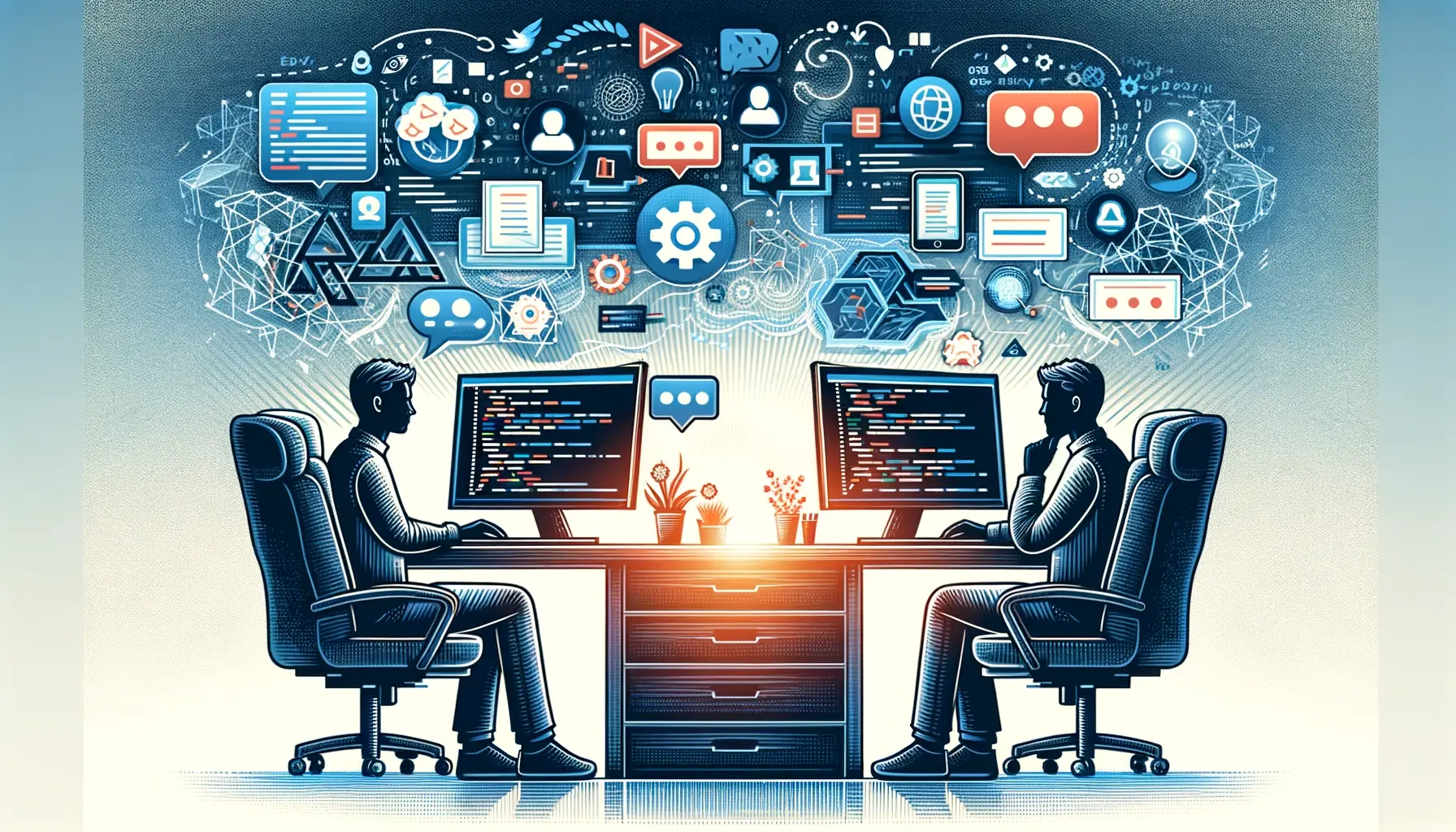 The image illustrates the concept of pair programming with two developers seated side by side at a workstation, deeply engaged in coding on a shared computer screen. Symbols of collaboration, such as dialogue bubbles, shared tasks, and code snippets, float between them, symbolizing their joint effort and communication. The background is filled with digital elements, suggesting a high-tech, innovative environment. The overall image conveys teamwork, concentration, and the dynamic, interactive nature of pair programming in a modern development setting