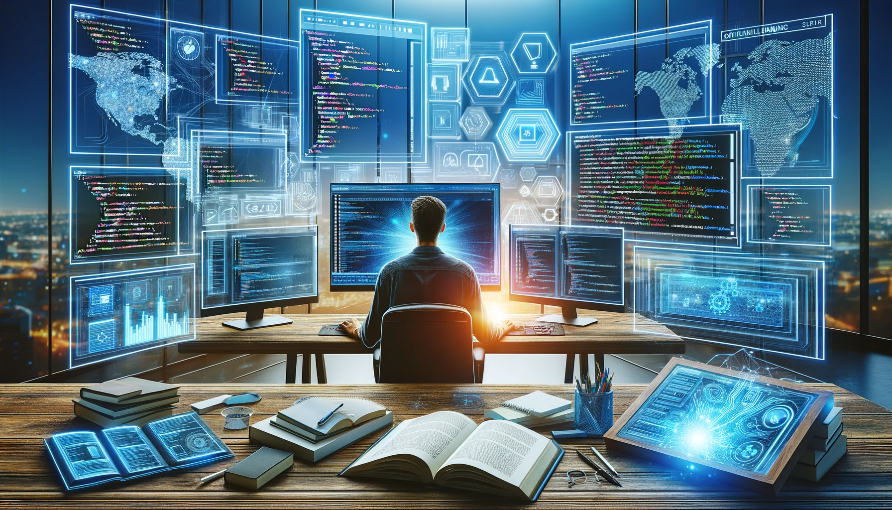 The image depicts an individual embarking on a career in Front-End Development, seated at a modern workspace. The workspace is equipped with multiple computer screens, each displaying web development code, symbolizing proficiency in HTML, CSS, and JavaScript. Elements like open books and digital graphs are included, representing the importance of continuous learning and staying updated with industry trends. The setting is dynamic and tech-oriented, reflecting the innovative and evolving nature of the web development field.